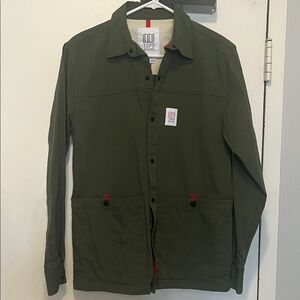 Topo Designs Olive Green Button-Front Shirt Jacket with Red Accents
